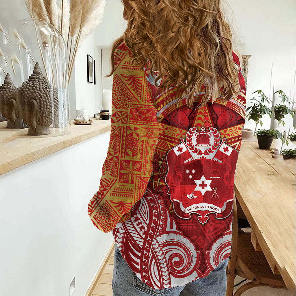 Tonga King's Birthday Women Casual Shirt Gold Royal Crown Tribal Patterns