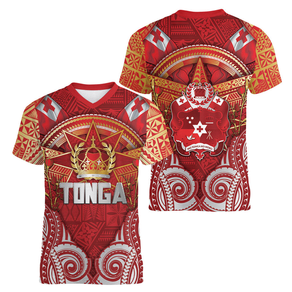 Tonga King's Birthday Women V-Neck T-Shirt Gold Royal Crown Tribal Patterns