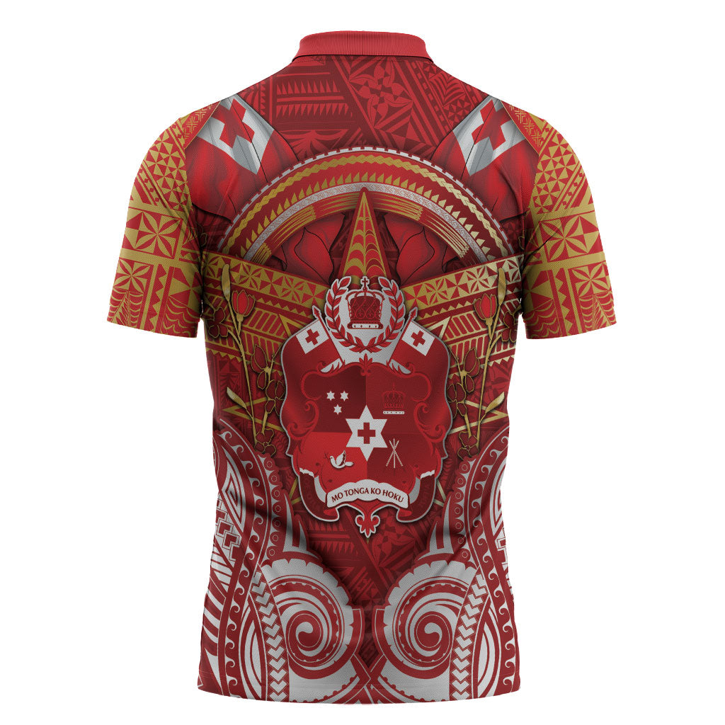 Tonga King's Birthday Zipper Polo Shirt Gold Royal Crown Tribal Patterns