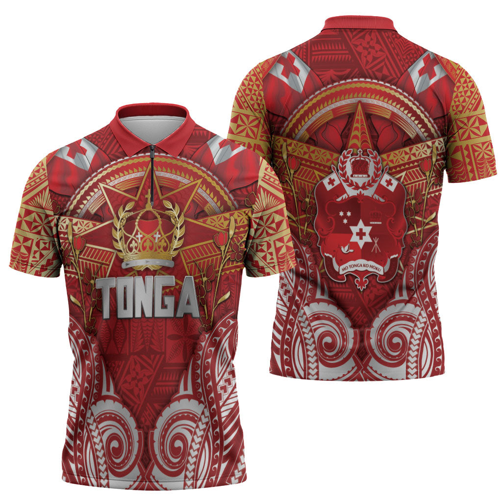 Tonga King's Birthday Zipper Polo Shirt Gold Royal Crown Tribal Patterns