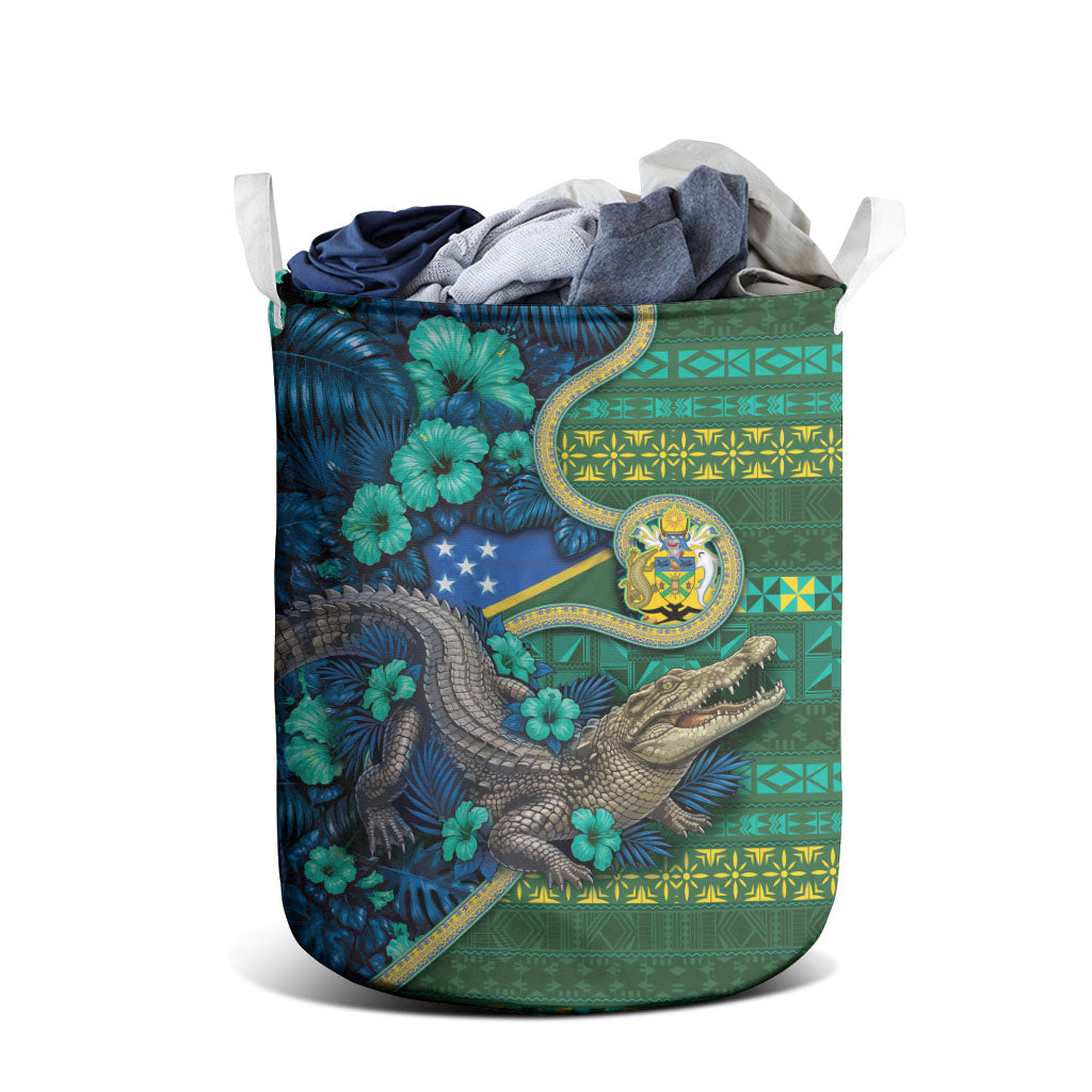 Solomon Islands Independence Day Laundry Basket Crocodile Hibiscus Tribal Pattern