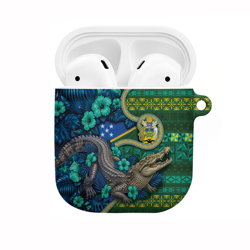 Solomon Islands Independence Day AirPods Case Crocodile Hibiscus Tribal Pattern DT05 Green - Polynesian Pride