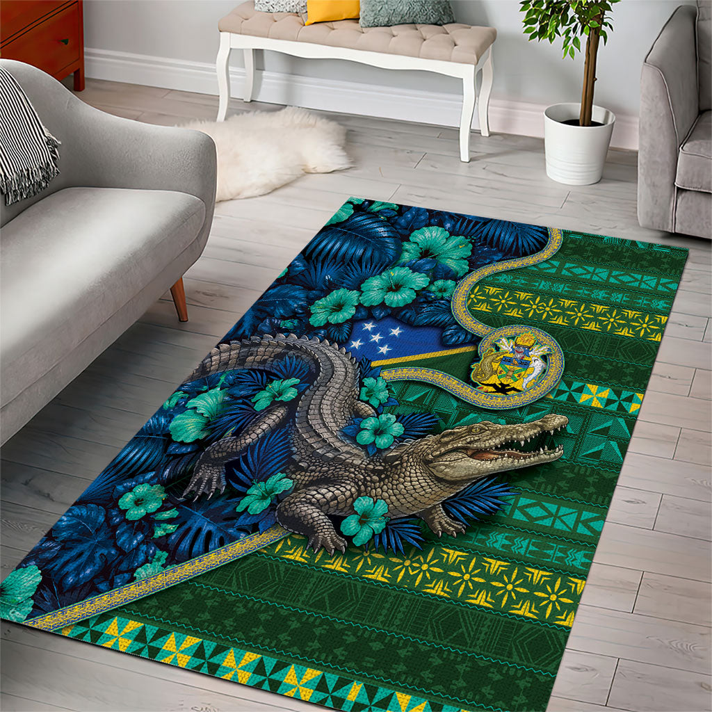 Solomon Islands Independence Day Area Rug Crocodile Hibiscus Tribal Pattern