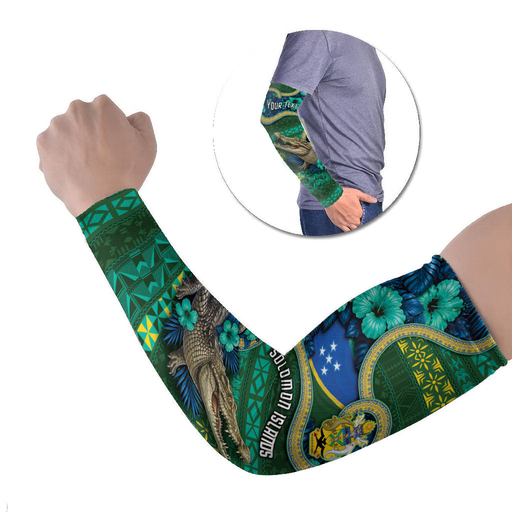 Personalised Solomon Islands Independence Day Arm Sleeves Crocodile Hibiscus Tribal Pattern