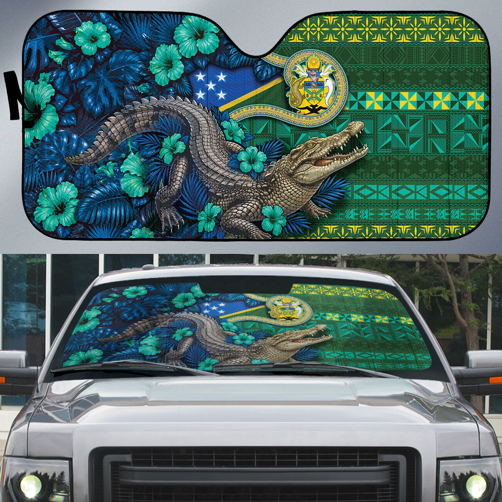 Solomon Islands Independence Day Auto Sun Shade Crocodile Hibiscus Tribal Pattern
