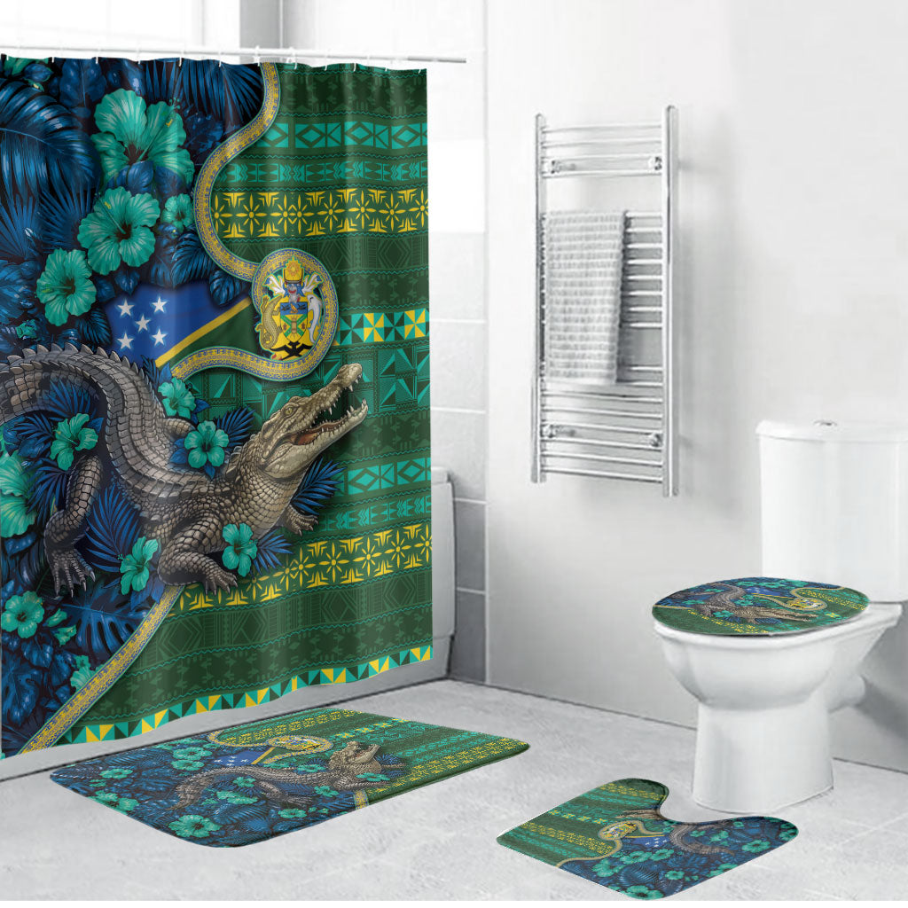 Solomon Islands Independence Day Bathroom Set Crocodile Hibiscus Tribal Pattern DT05 Bathroom Set (4 pcs) Green - Polynesian Pride