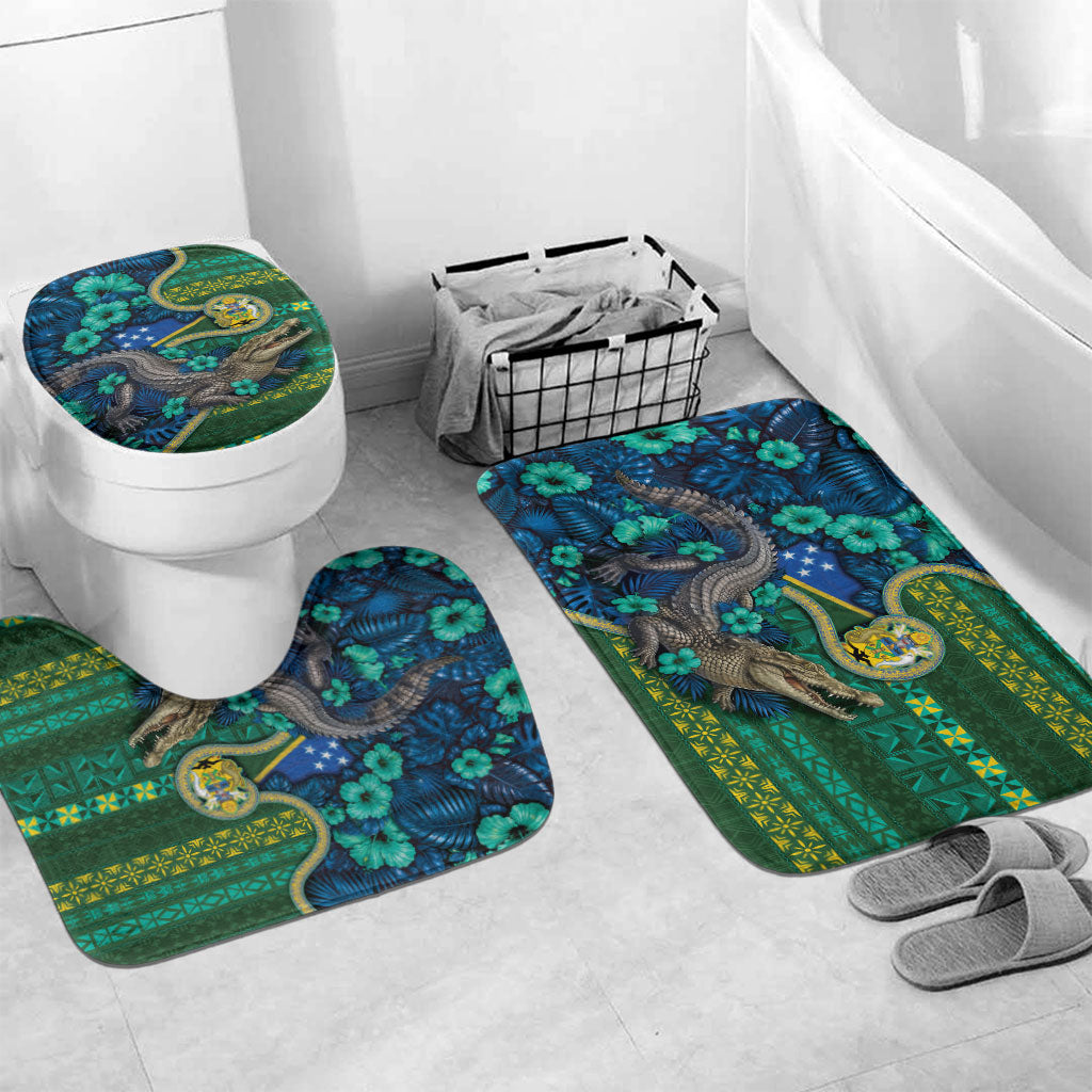 Solomon Islands Independence Day Bathroom Set Crocodile Hibiscus Tribal Pattern