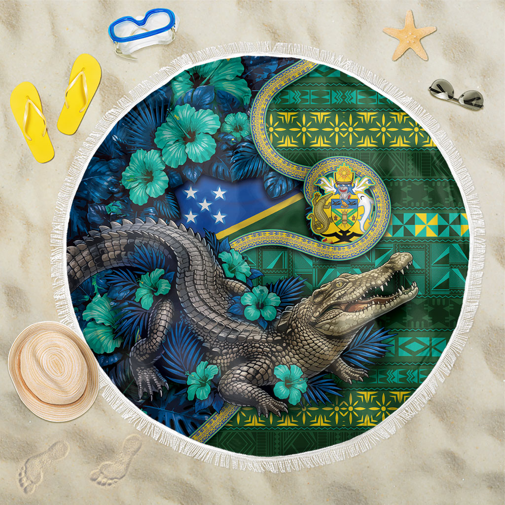 Solomon Islands Independence Day Beach Blanket Crocodile Hibiscus Tribal Pattern