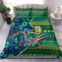 Solomon Islands Independence Day Bedding Set Crocodile Hibiscus Tribal Pattern