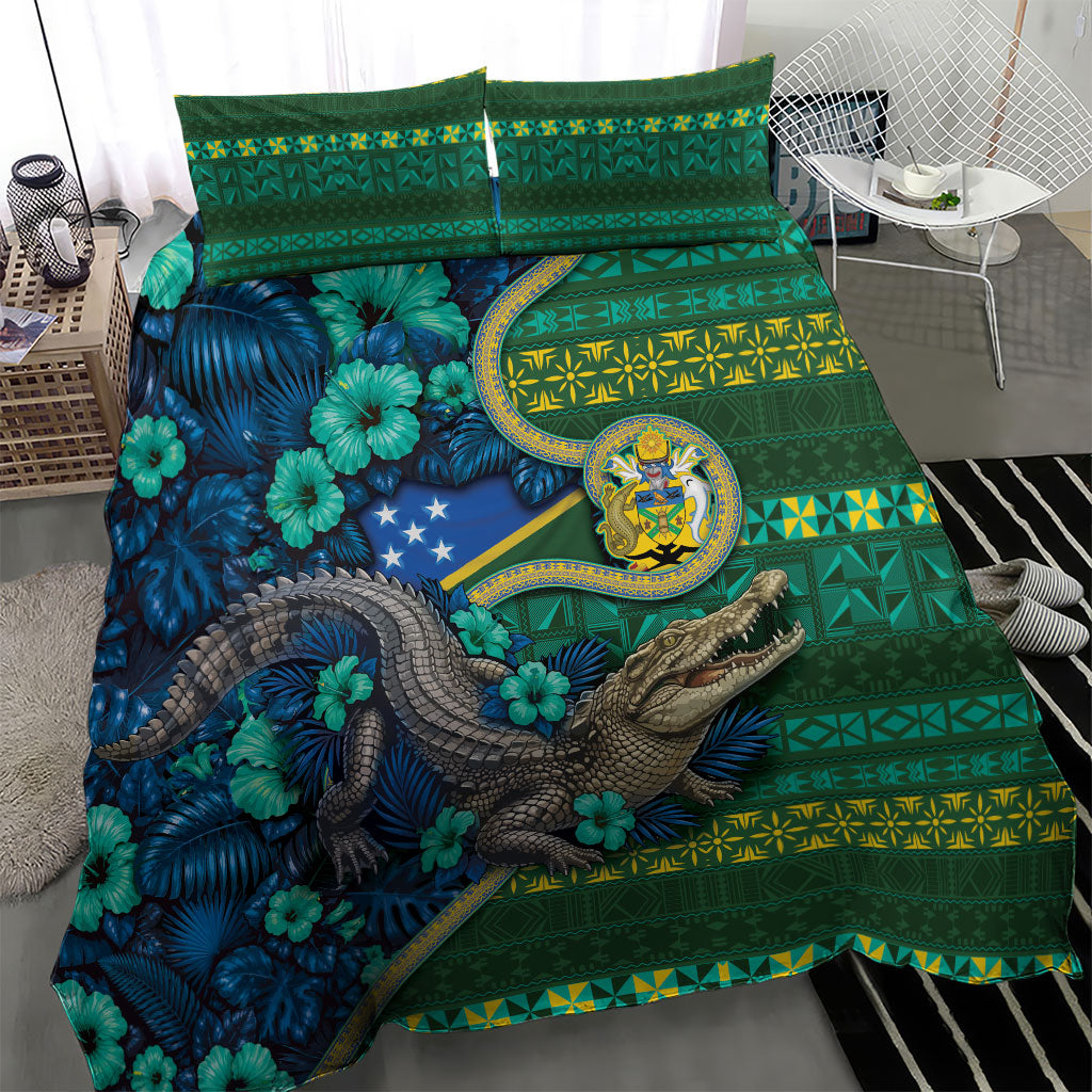 Solomon Islands Independence Day Bedding Set Crocodile Hibiscus Tribal Pattern