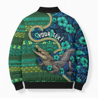 Personalised Solomon Islands Independence Day Bomber Puffer Jacket Crocodile Hibiscus Tribal Pattern
