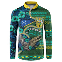 Personalised Solomon Islands Independence Day Button Sweatshirt Crocodile Hibiscus Tribal Pattern
