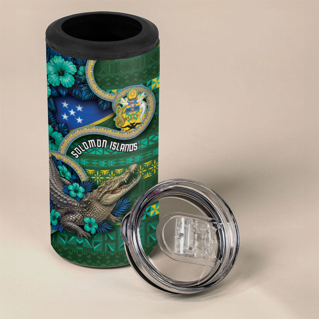 Personalised Solomon Islands Independence Day 4 in 1 Can Cooler Tumbler Crocodile Hibiscus Tribal Pattern