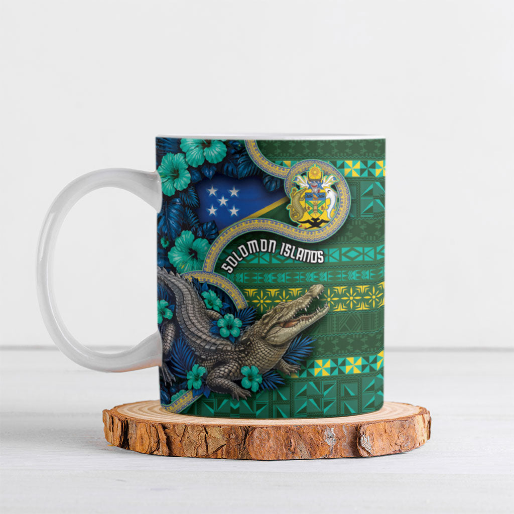 Personalised Solomon Islands Independence Day Ceramic Mug Crocodile Hibiscus Tribal Pattern
