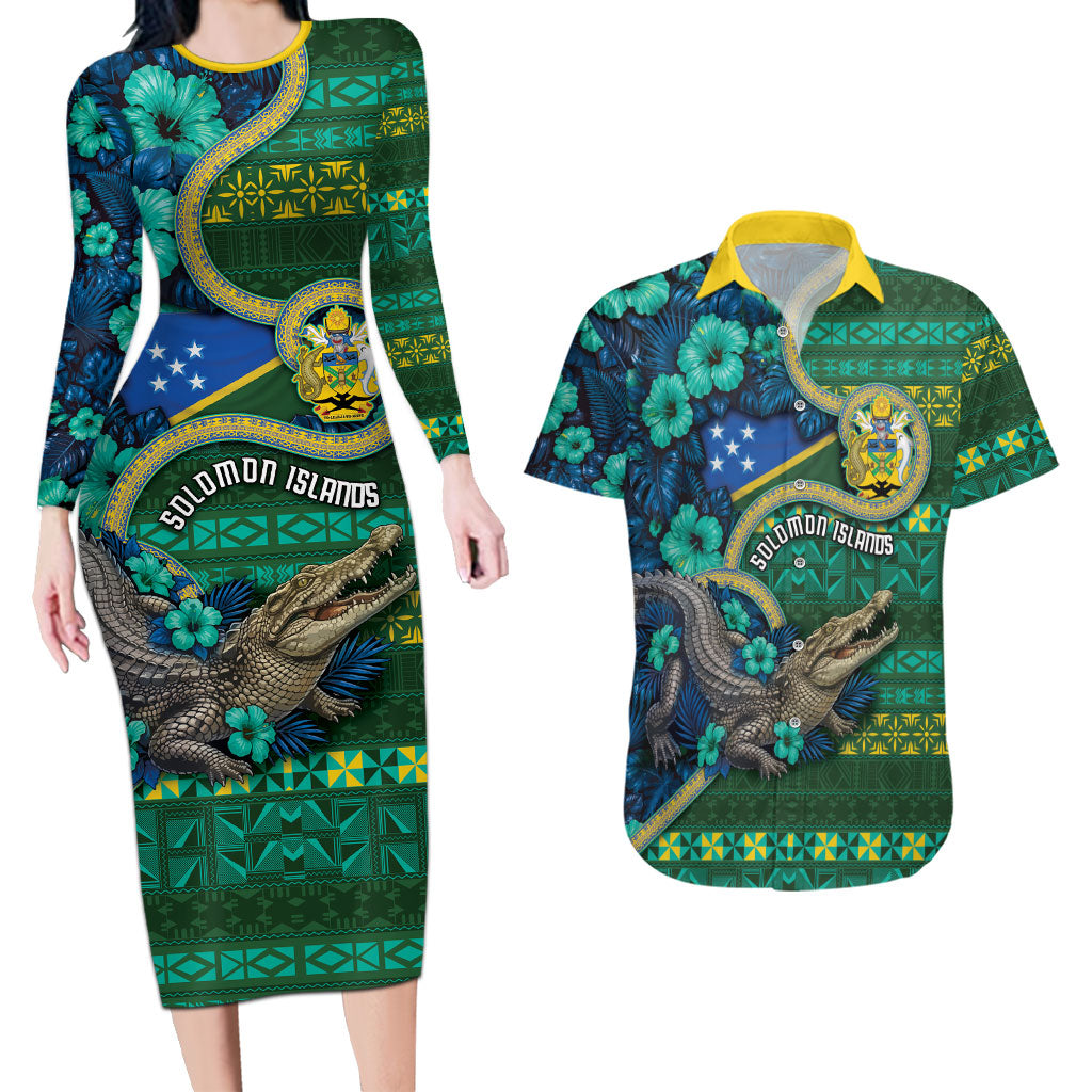 Personalised Solomon Islands Independence Day Couples Matching Long Sleeve Bodycon Dress and Hawaiian Shirt Crocodile Hibiscus Tribal Pattern DT05 Green - Polynesian Pride