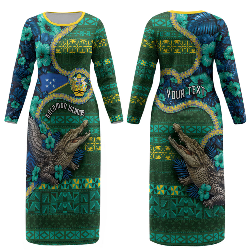 Personalised Solomon Islands Independence Day Couples Matching Long Sleeve Bodycon Dress and Hawaiian Shirt Crocodile Hibiscus Tribal Pattern DT05 - Polynesian Pride