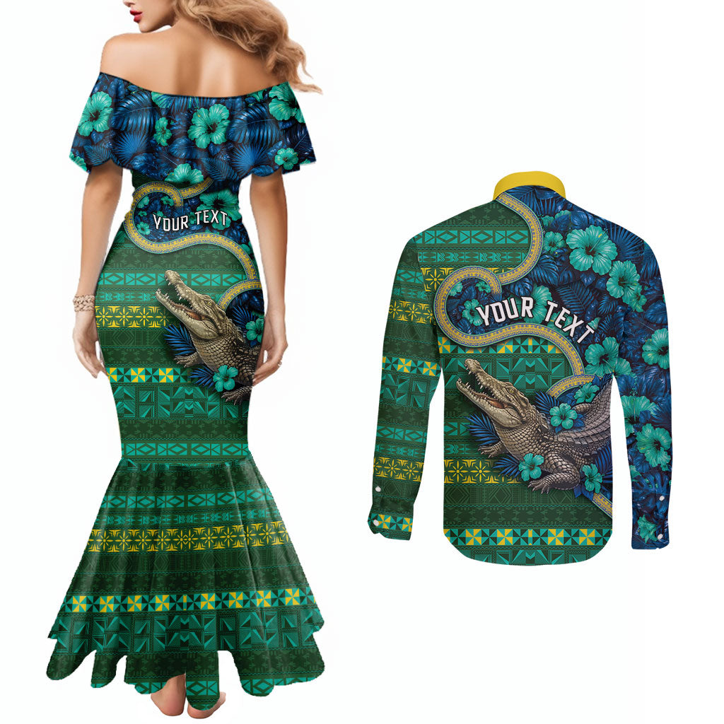 Personalised Solomon Islands Independence Day Couples Matching Mermaid Dress and Long Sleeve Button Shirt Crocodile Hibiscus Tribal Pattern