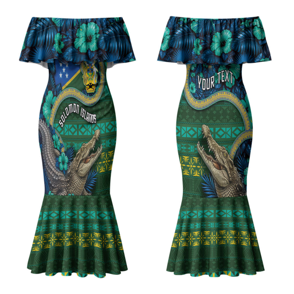 Personalised Solomon Islands Independence Day Couples Matching Mermaid Dress and Long Sleeve Button Shirt Crocodile Hibiscus Tribal Pattern DT05 - Polynesian Pride