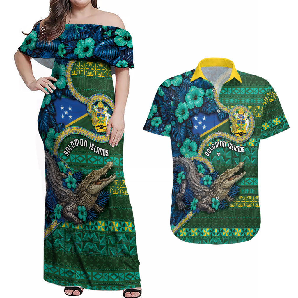 Personalised Solomon Islands Independence Day Couples Matching Off Shoulder Maxi Dress and Hawaiian Shirt Crocodile Hibiscus Tribal Pattern