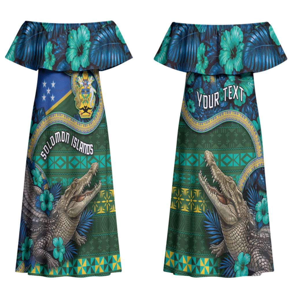 Personalised Solomon Islands Independence Day Couples Matching Off Shoulder Maxi Dress and Long Sleeve Button Shirt Crocodile Hibiscus Tribal Pattern DT05 - Polynesian Pride