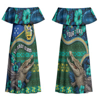 Personalised Solomon Islands Independence Day Couples Matching Off Shoulder Maxi Dress and Long Sleeve Button Shirt Crocodile Hibiscus Tribal Pattern DT05 - Polynesian Pride