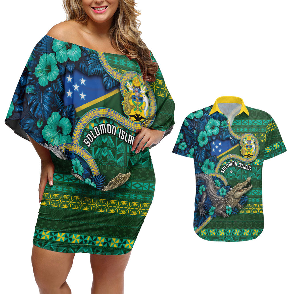 Personalised Solomon Islands Independence Day Couples Matching Off Shoulder Short Dress and Hawaiian Shirt Crocodile Hibiscus Tribal Pattern