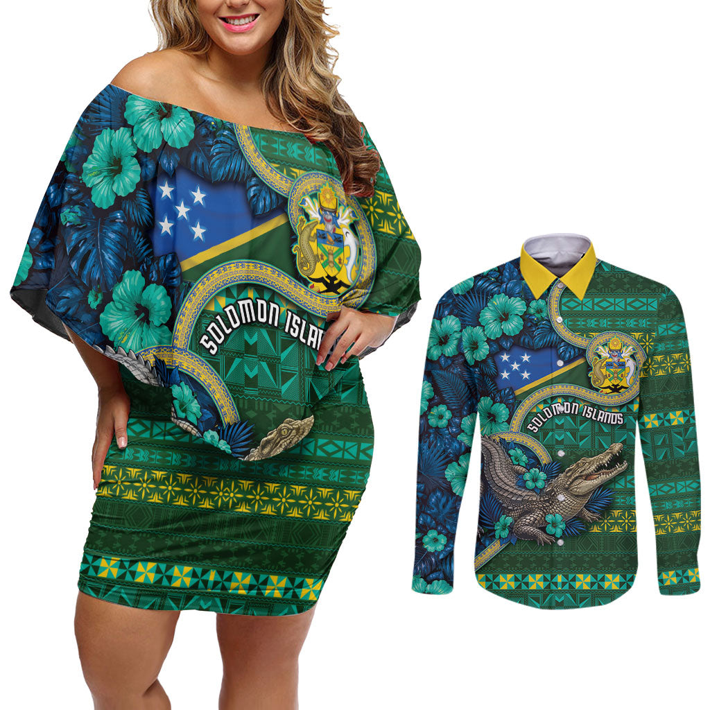 Personalised Solomon Islands Independence Day Couples Matching Off Shoulder Short Dress and Long Sleeve Button Shirt Crocodile Hibiscus Tribal Pattern
