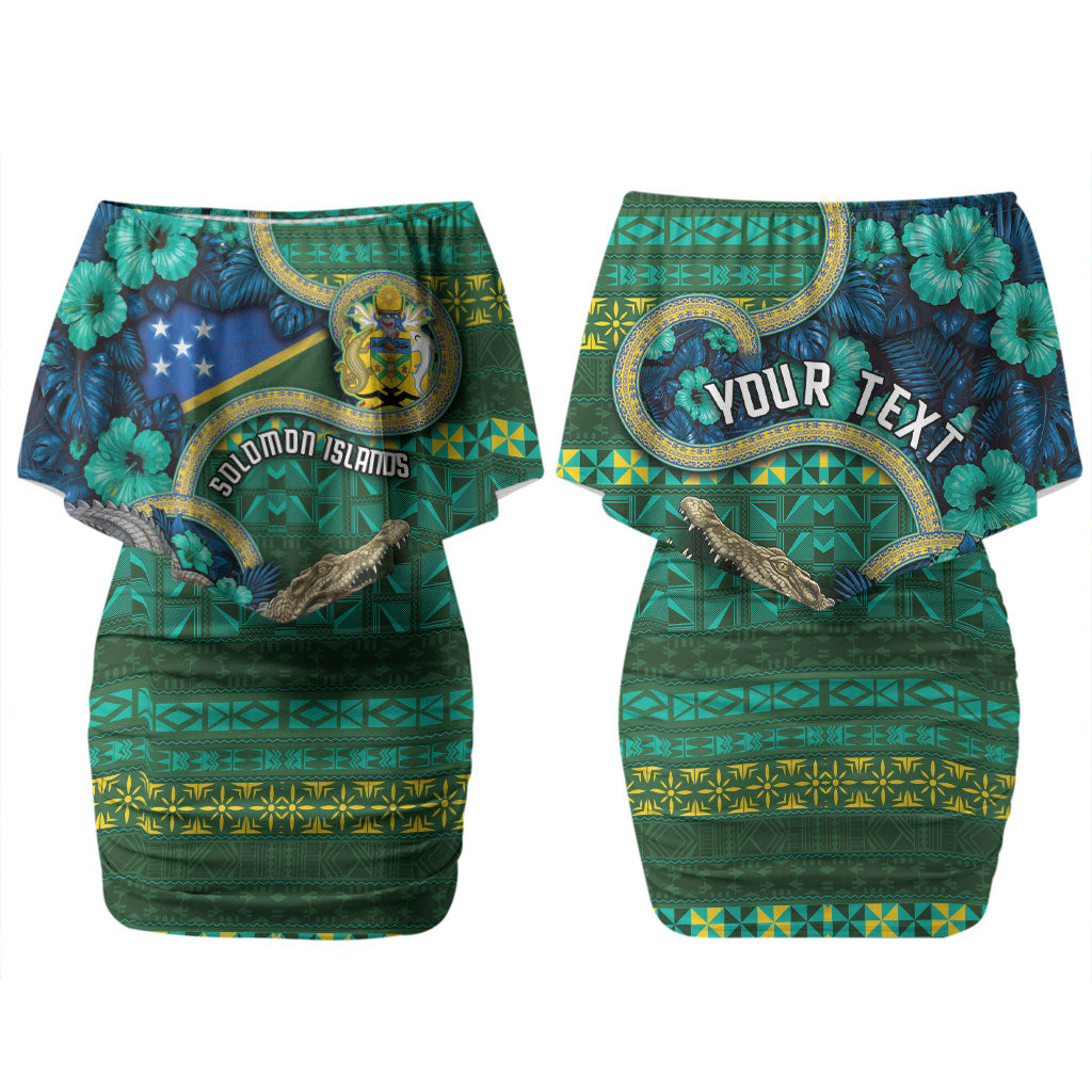 Personalised Solomon Islands Independence Day Couples Matching Off Shoulder Short Dress and Long Sleeve Button Shirt Crocodile Hibiscus Tribal Pattern DT05 - Polynesian Pride