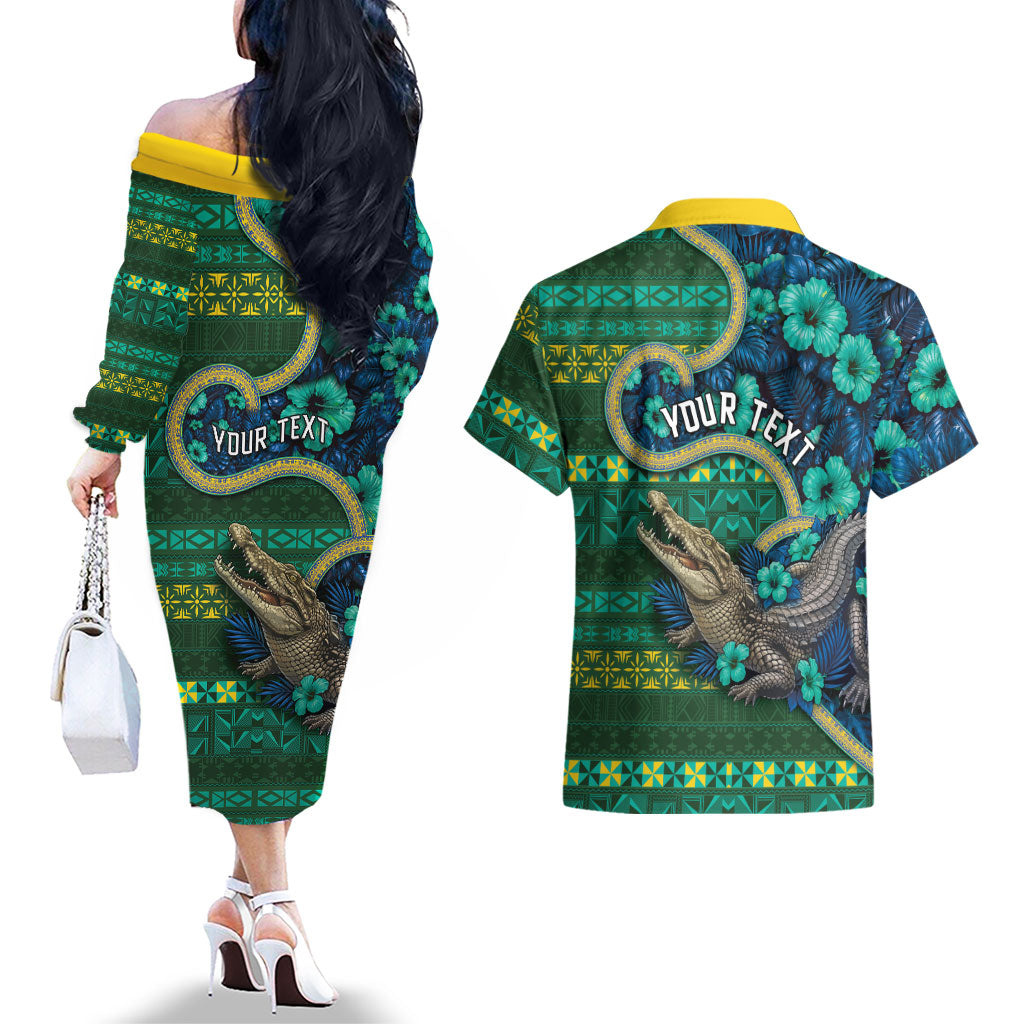 Personalised Solomon Islands Independence Day Couples Matching Off The Shoulder Long Sleeve Dress and Hawaiian Shirt Crocodile Hibiscus Tribal Pattern