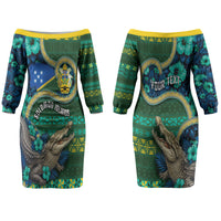 Personalised Solomon Islands Independence Day Couples Matching Off The Shoulder Long Sleeve Dress and Hawaiian Shirt Crocodile Hibiscus Tribal Pattern DT05 - Polynesian Pride