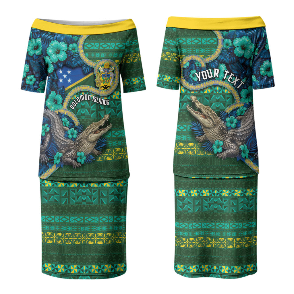 Personalised Solomon Islands Independence Day Couples Matching Puletasi and Hawaiian Shirt Crocodile Hibiscus Tribal Pattern DT05 - Polynesian Pride