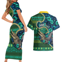 Personalised Solomon Islands Independence Day Couples Matching Short Sleeve Bodycon Dress and Hawaiian Shirt Crocodile Hibiscus Tribal Pattern