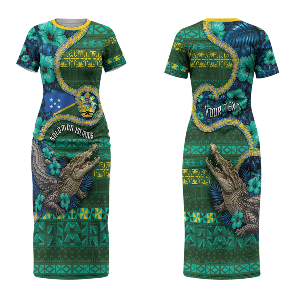 Personalised Solomon Islands Independence Day Couples Matching Short Sleeve Bodycon Dress and Hawaiian Shirt Crocodile Hibiscus Tribal Pattern DT05 - Polynesian Pride