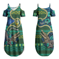Personalised Solomon Islands Independence Day Couples Matching Summer Maxi Dress and Long Sleeve Button Shirt Crocodile Hibiscus Tribal Pattern DT05 - Polynesian Pride