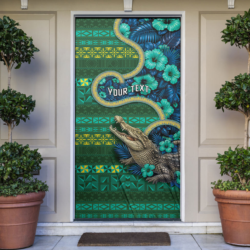 Personalised Solomon Islands Independence Day Door Cover Crocodile Hibiscus Tribal Pattern