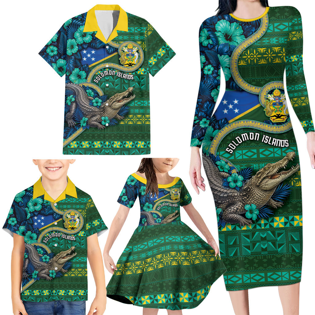 Personalised Solomon Islands Independence Day Family Matching Long Sleeve Bodycon Dress and Hawaiian Shirt Crocodile Hibiscus Tribal Pattern