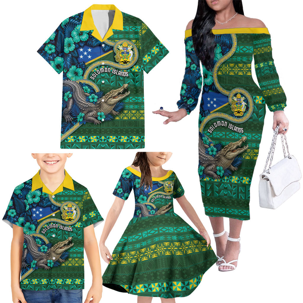 Personalised Solomon Islands Independence Day Family Matching Off The Shoulder Long Sleeve Dress and Hawaiian Shirt Crocodile Hibiscus Tribal Pattern