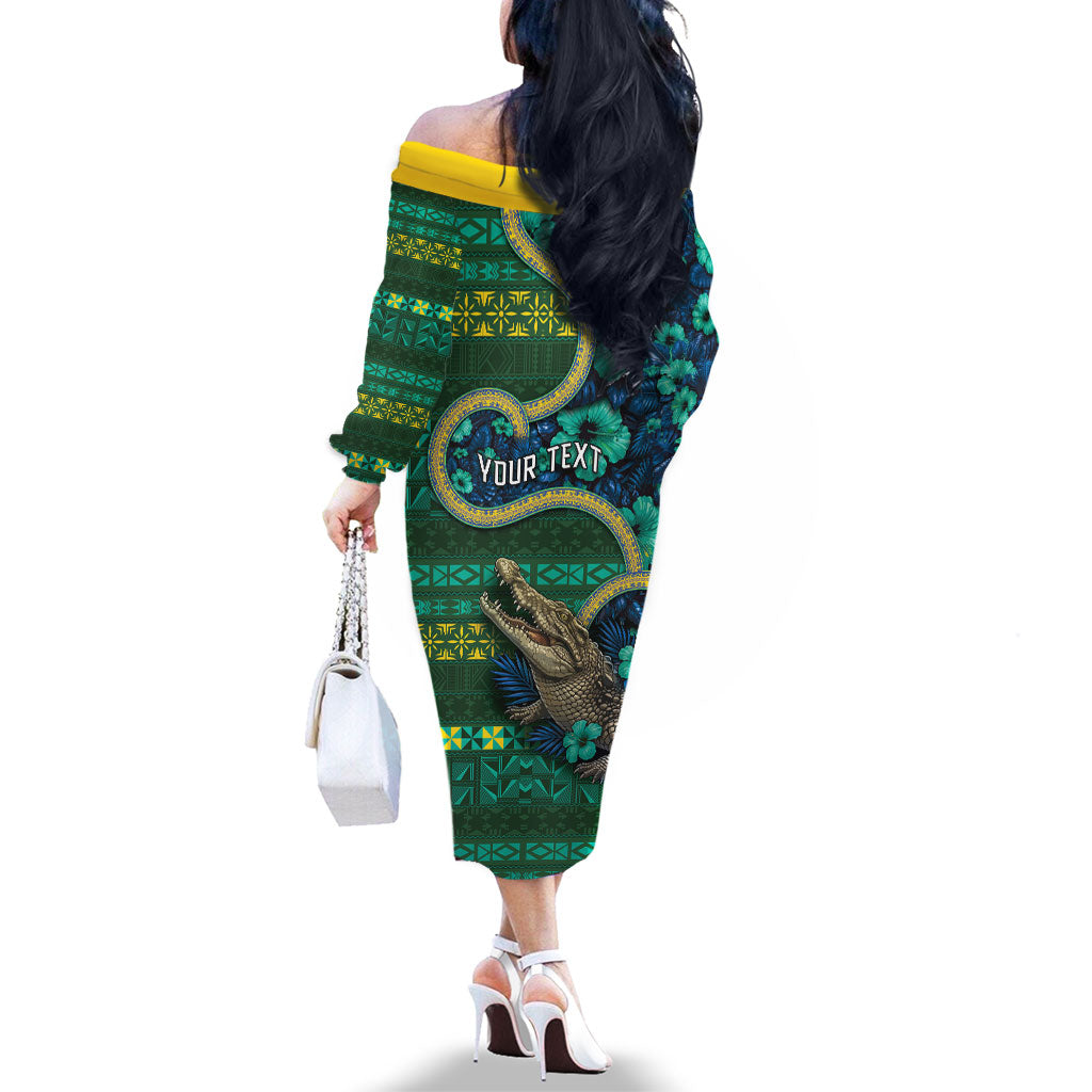 Personalised Solomon Islands Independence Day Family Matching Off The Shoulder Long Sleeve Dress and Hawaiian Shirt Crocodile Hibiscus Tribal Pattern