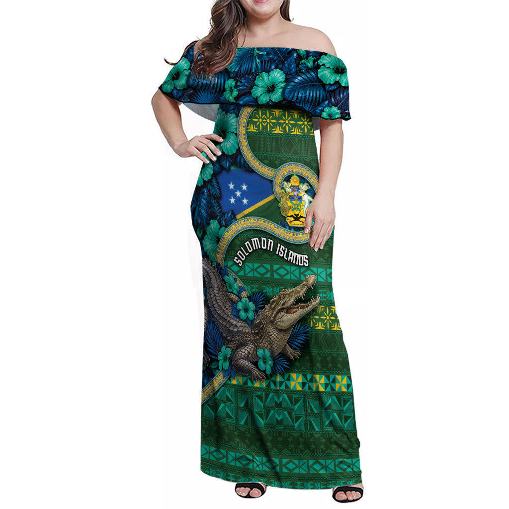 Personalised Solomon Islands Independence Day Family Matching Off Shoulder Maxi Dress and Hawaiian Shirt Crocodile Hibiscus Tribal Pattern