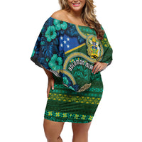 Personalised Solomon Islands Independence Day Family Matching Off Shoulder Short Dress and Hawaiian Shirt Crocodile Hibiscus Tribal Pattern