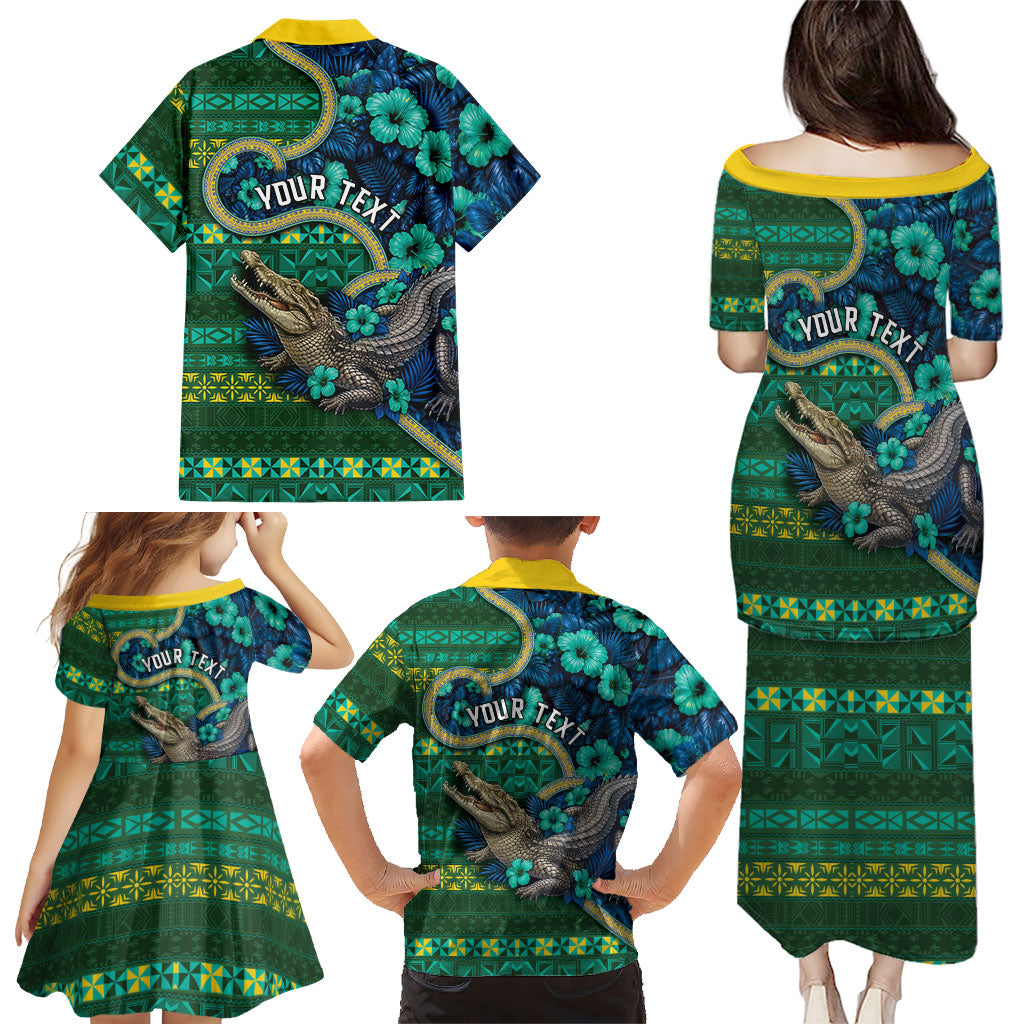 Personalised Solomon Islands Independence Day Family Matching Puletasi and Hawaiian Shirt Crocodile Hibiscus Tribal Pattern