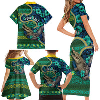 Personalised Solomon Islands Independence Day Family Matching Short Sleeve Bodycon Dress and Hawaiian Shirt Crocodile Hibiscus Tribal Pattern