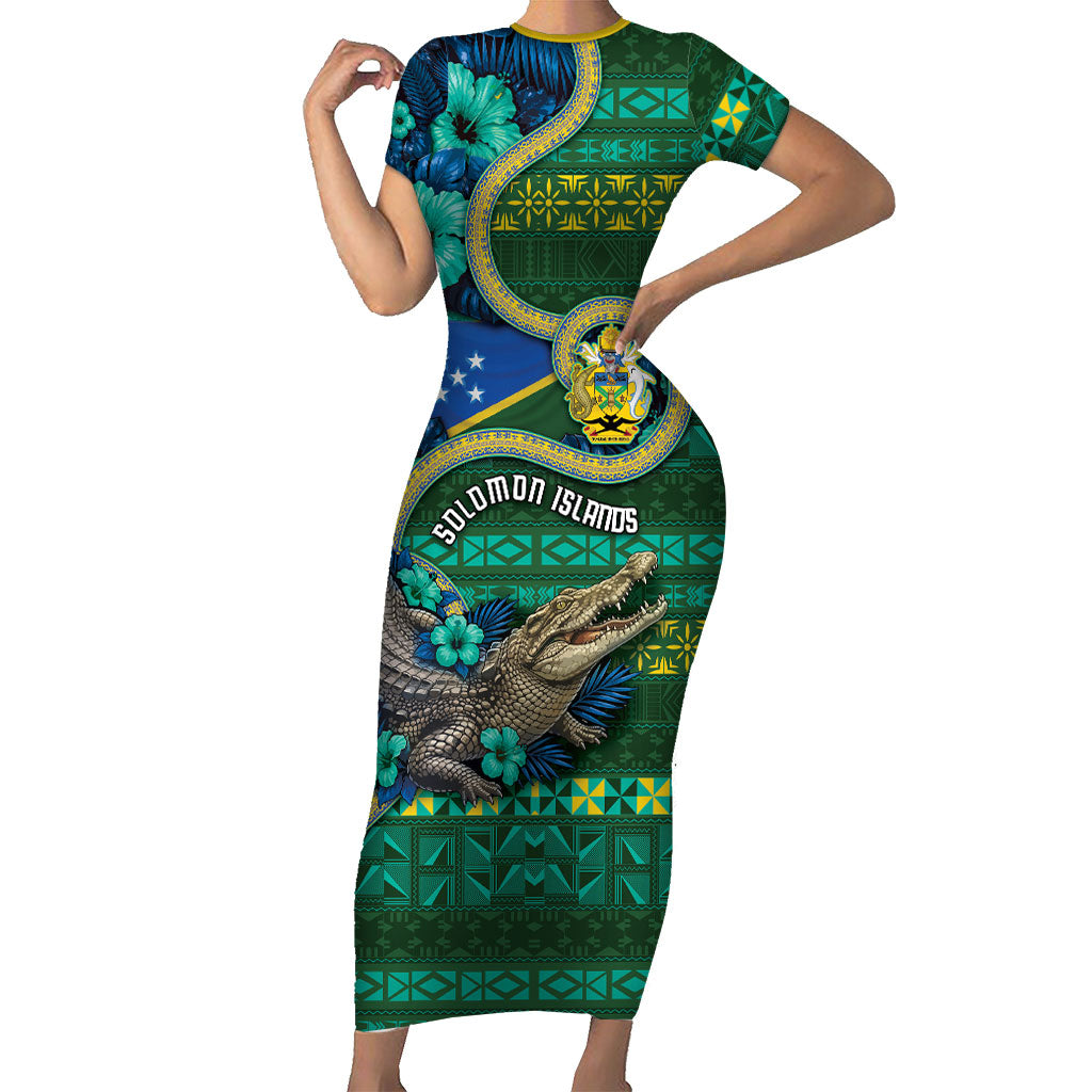 Personalised Solomon Islands Independence Day Family Matching Short Sleeve Bodycon Dress and Hawaiian Shirt Crocodile Hibiscus Tribal Pattern