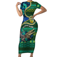 Personalised Solomon Islands Independence Day Family Matching Short Sleeve Bodycon Dress and Hawaiian Shirt Crocodile Hibiscus Tribal Pattern