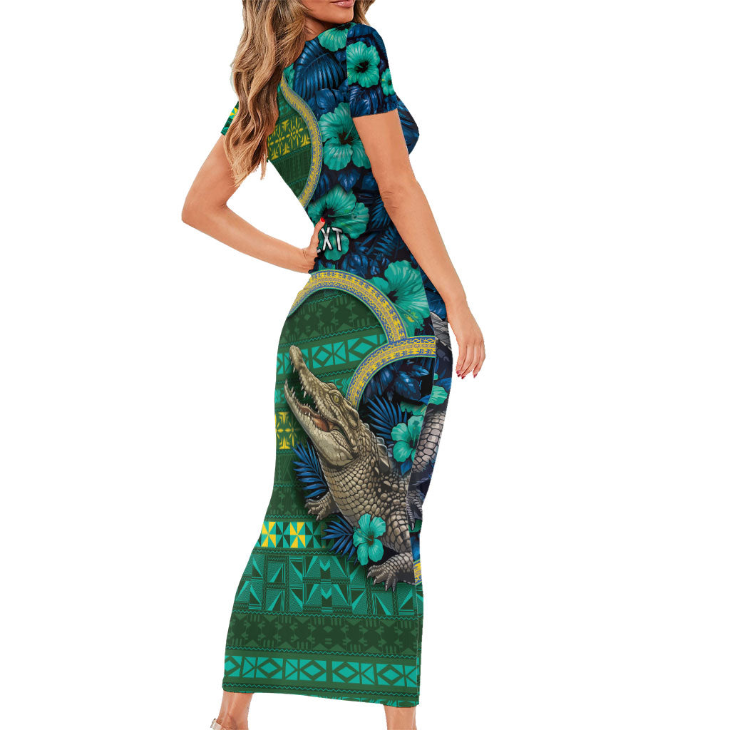 Personalised Solomon Islands Independence Day Family Matching Short Sleeve Bodycon Dress and Hawaiian Shirt Crocodile Hibiscus Tribal Pattern