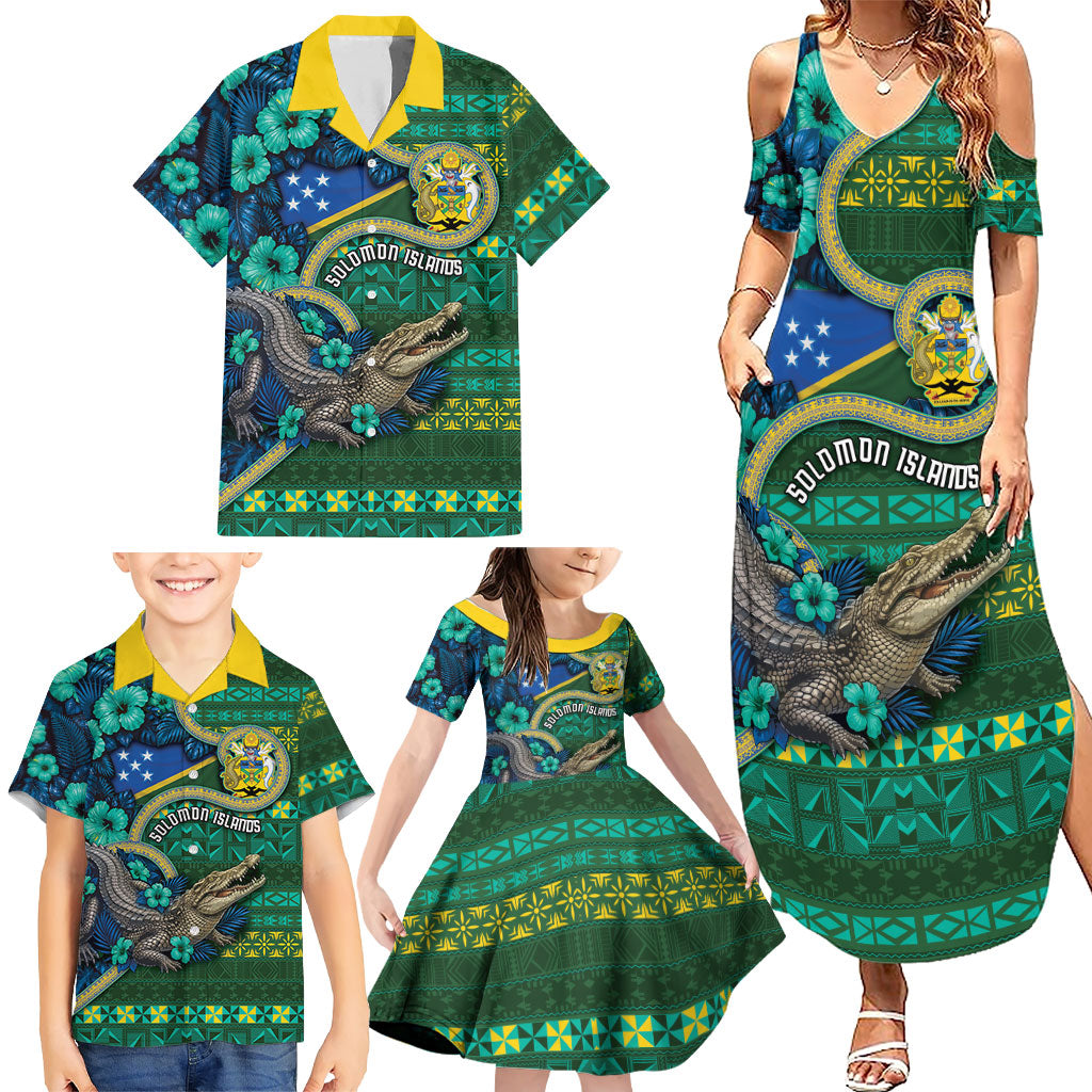 Personalised Solomon Islands Independence Day Family Matching Summer Maxi Dress and Hawaiian Shirt Crocodile Hibiscus Tribal Pattern