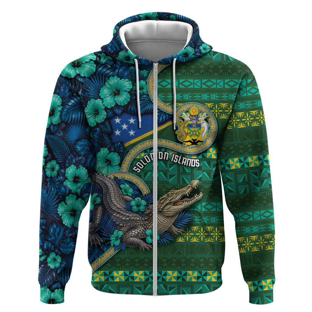 Personalised Solomon Islands Independence Day Hoodie Crocodile Hibiscus Tribal Pattern