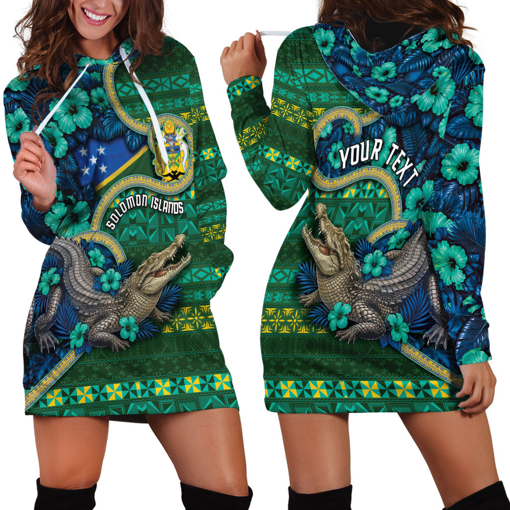 Personalised Solomon Islands Independence Day Hoodie Dress Crocodile Hibiscus Tribal Pattern