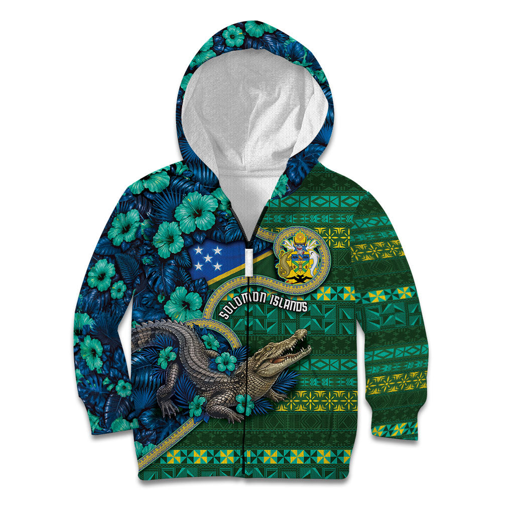 Personalised Solomon Islands Independence Day Kid Hoodie Crocodile Hibiscus Tribal Pattern