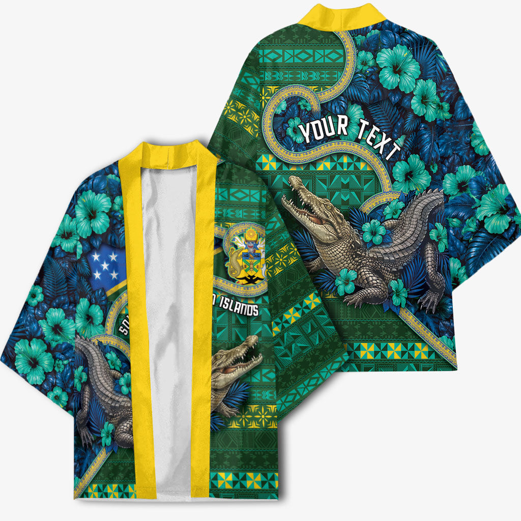 Personalised Solomon Islands Independence Day Kimono Crocodile Hibiscus Tribal Pattern